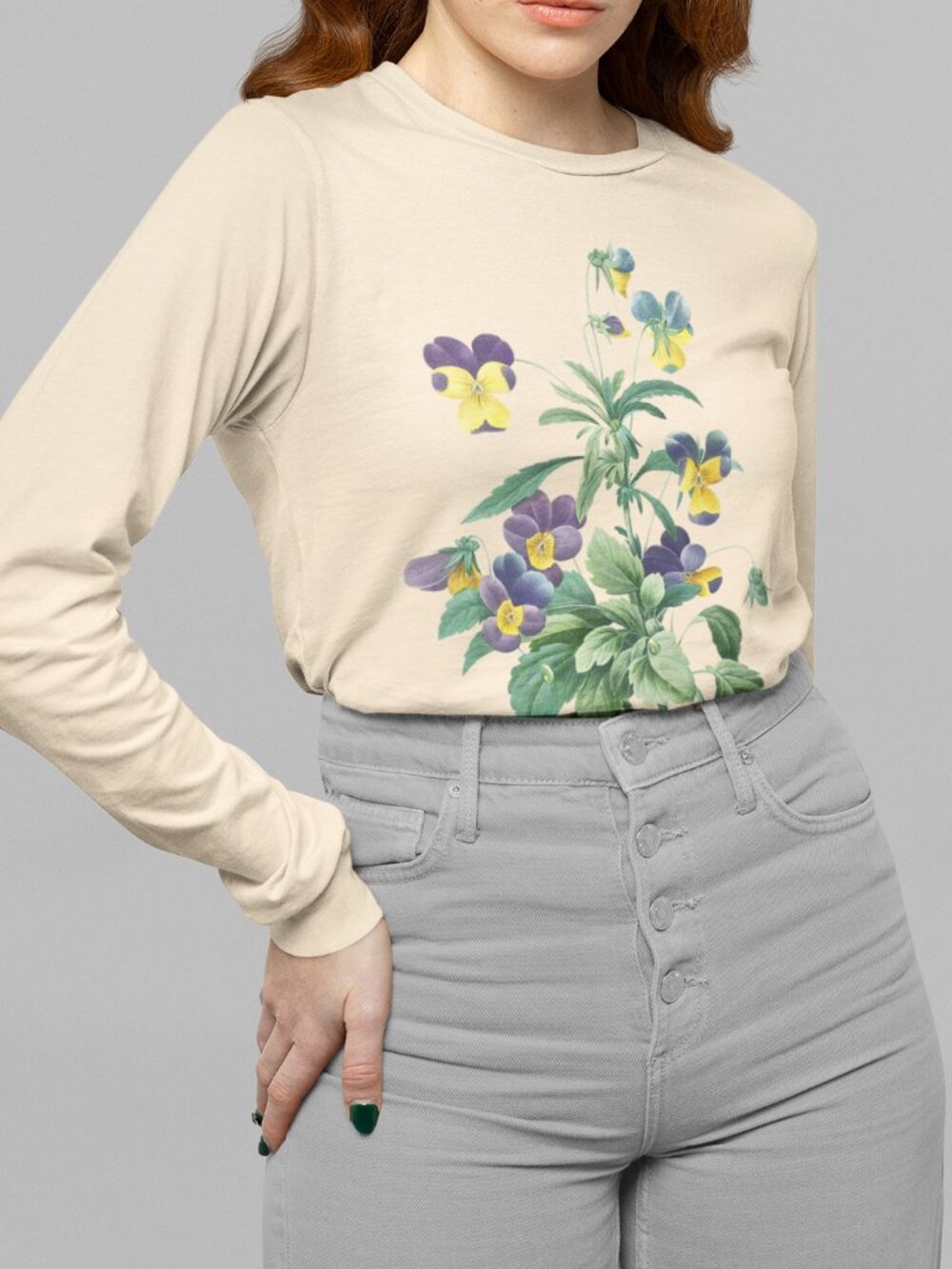 Wild Pansy Vintage Floral Print Long Sleeve Graphic Tee T-shirt S-XXL